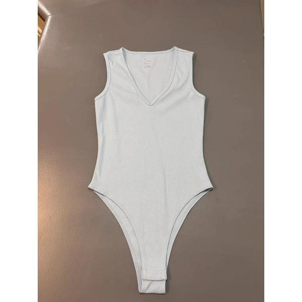 A New Day Light Blue Ribbed V-Neck Sleeveless Bodysuit XS